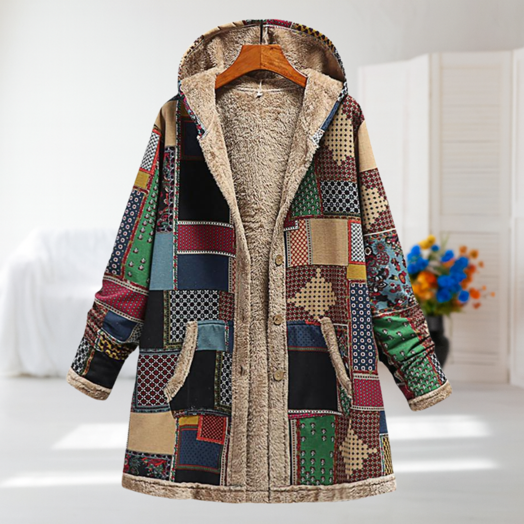 Valerie| Earthy Patchwork Hooded Coat