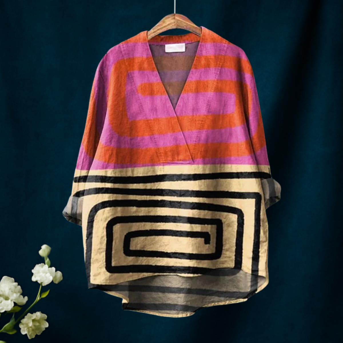 Color-block  Print V-neck Shirt